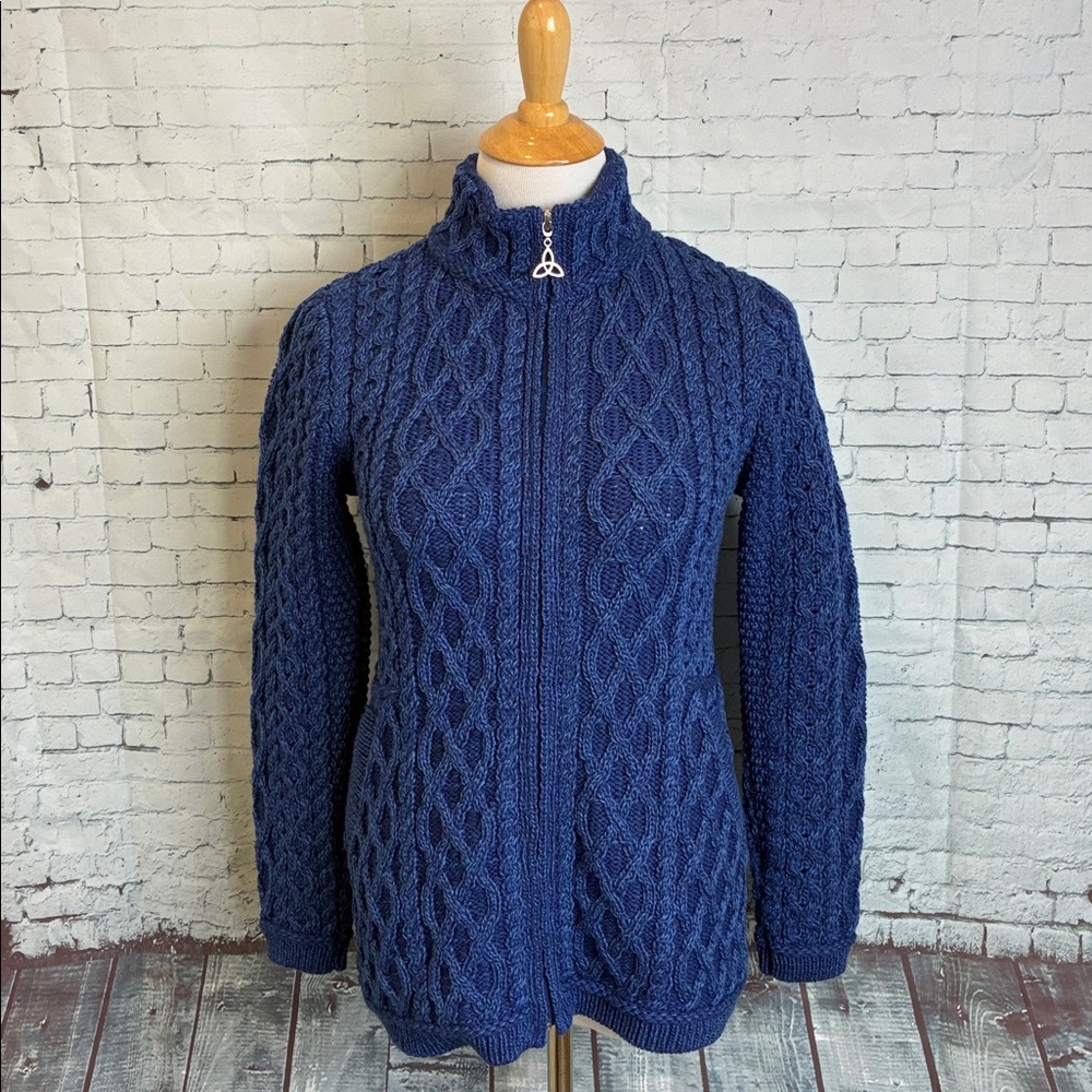 Aran Crafts‎ Ireland Blue Cable Knit Merino Wool Zip Cardigan Sweater S Cottage - Picture 4 of 16